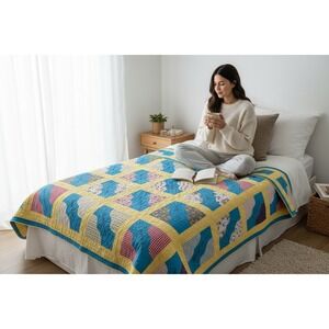 Vintage 1965 Handmade Friendship Quilt Embroidered Signed Patchwork Blue Yellow